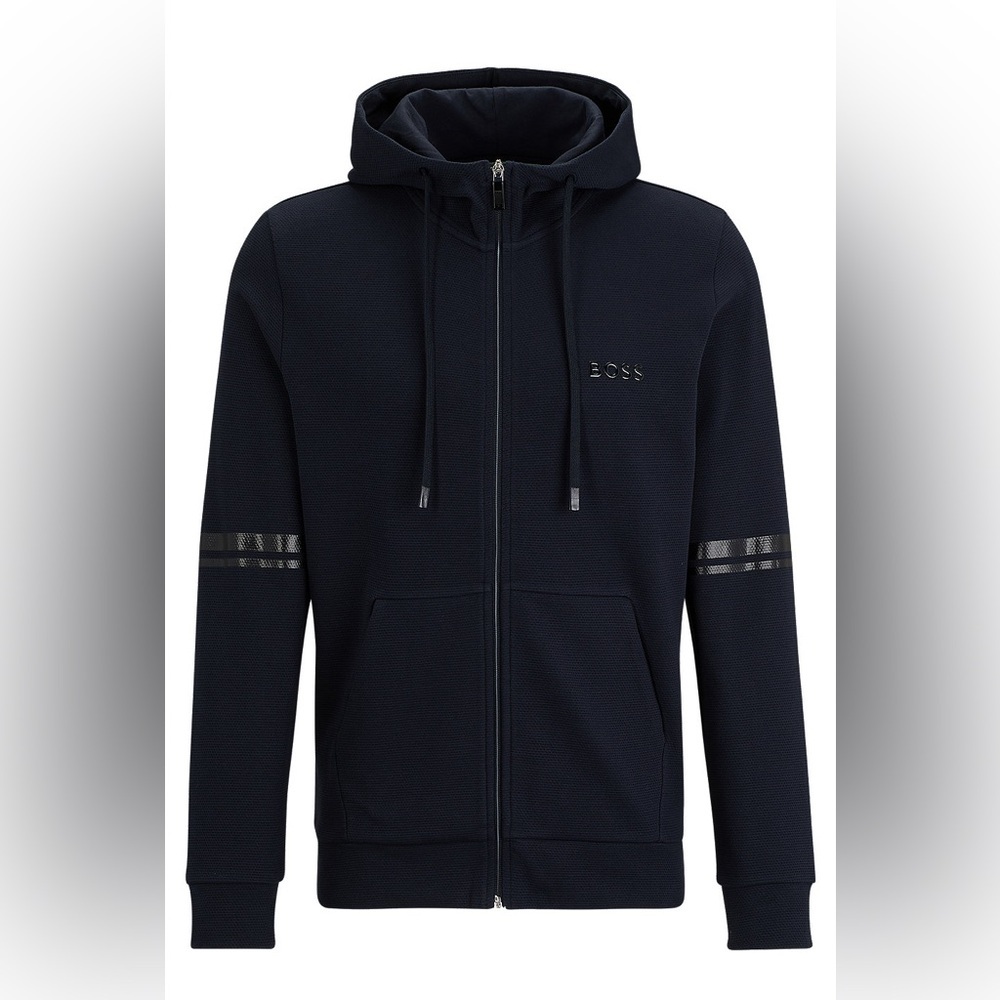 HUGO BOSS Cotton-Piqué Zip-Up Hoodie Dark Blue Size M | Made in Portugal